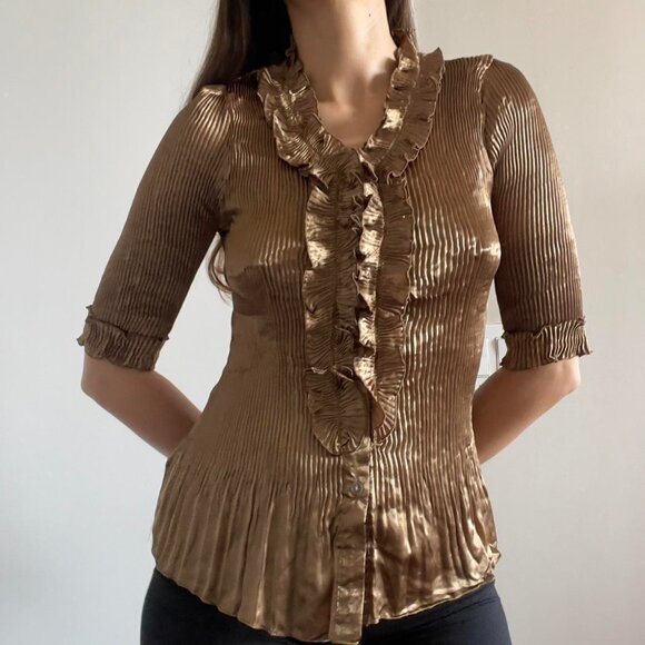 Vintage | Gold Metallic Pleated Plisse Ruffle Button Up Blouse | Size L - Picture 1 of 6